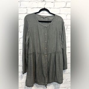 Flax Gray Textured Tunic Dress Medium Button Front Tie Waist Lagenlook